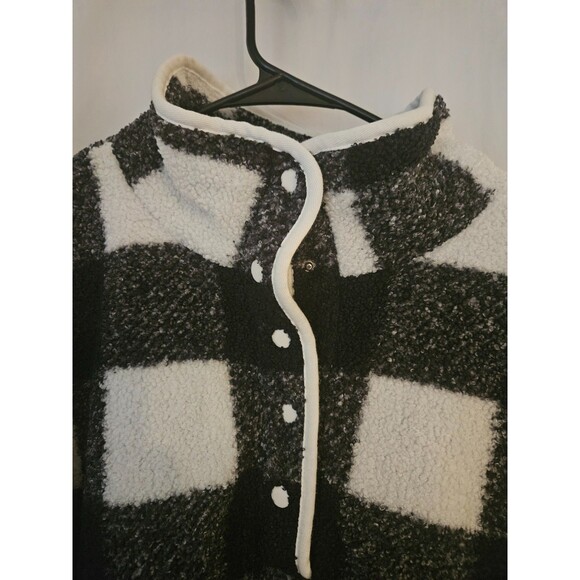 LOFT Buffalo Plaid Snap Collar Sherpa Top Black White Granola Lumberjack SZ XXL - Picture 2 of 8